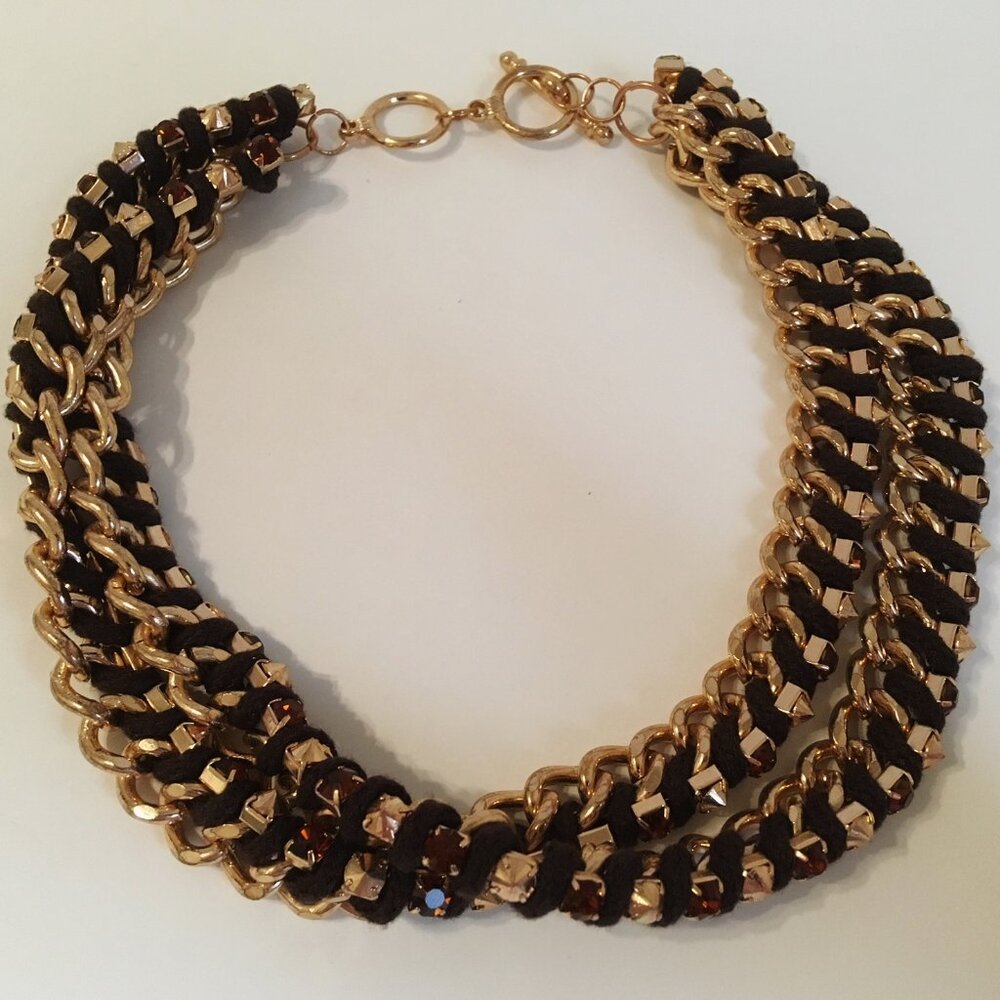 Amber Rhinestone Necklace Double Heavy Gold Metal Link Chain Stud Brown Cord